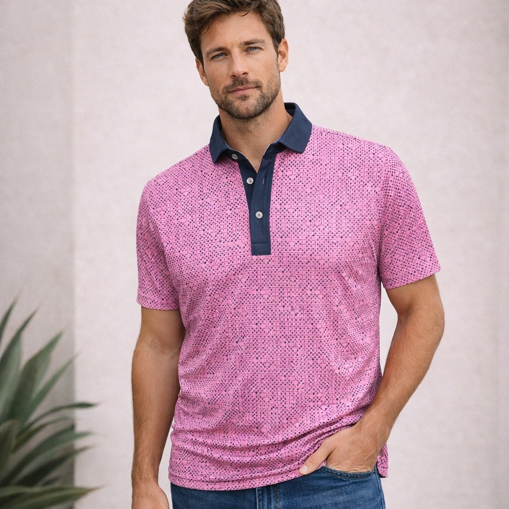 Greyson Clothiers Plus Or Minus Golf Polo Shirt Mens Medium Wild Rose Pink Navy